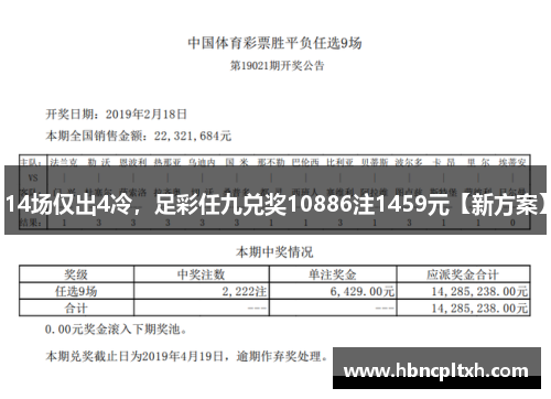 14场仅出4冷,足彩任九兑奖10886注1459元【新方案】
